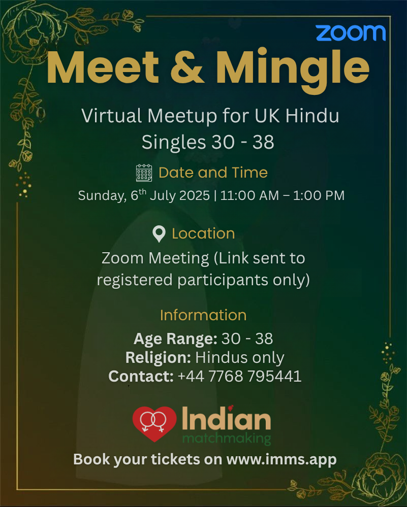 UK Hindu Singles Meetup (Ages 30–38) – Online Zoom Event by IMMS
